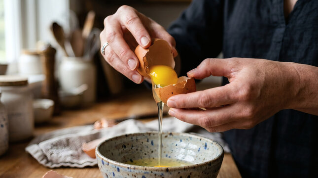 Close-up view of a person's hands delicately cracking a fresh brown egg, with the yolk and white falling precisely into a speckled ceramic bowl on a rustic wooden kitchen counter.