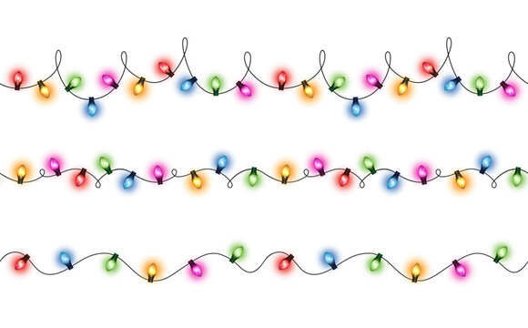 Vector set of realistic glowing colorful hanging christmas lights in seamless pattern on white background