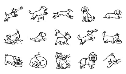 Obraz premium Dog Behavior and Outdoor Activity Line Icons Featuring Running Swimming Hiking Fetching Training and Playful Poses