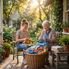Obraz premium Young woman and senior grandmother folding laundry together on a sunny porch