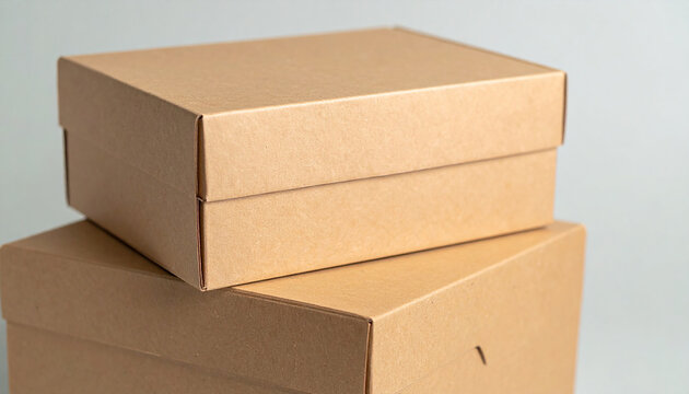 Stack of eco-friendly cardboard boxes made from recycled kraft paper, natural textures, soft green accents, clean minimalist background, environmental responsibility concept. Close-up.