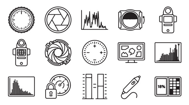 Photography and cinematography icons, 15 professional camera gear line vectors, digital video production equipment set