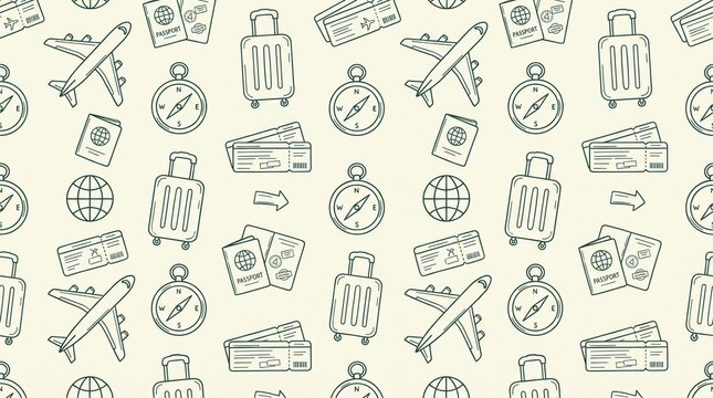 International Travel and Aviation Tourism Minimalist Line Art Seamless Pattern