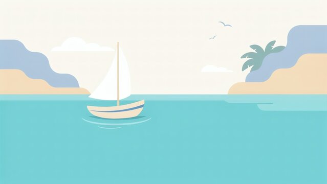 A sailboat floating on calm ocean water near a tropical coastline with hills with vector illustration
