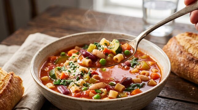 Minestrone soup with pasta, Vegetable minestrone soup with beans and pasta in rustic kitchen setting  