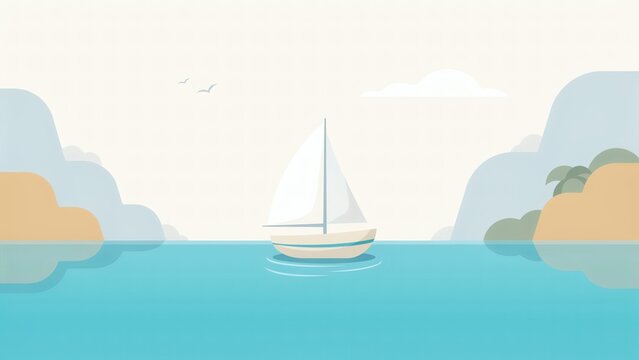 Flat vector illustration of a sailboat sailing on blue water with rocky islands clouds and flying birds in a minimal style