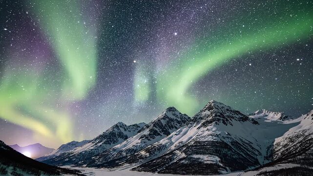Green aurora borealis illuminates the night sky above a snow-covered mountain range under a starry sky.