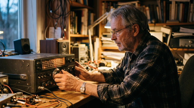 A thoughtful senior man with glasses and a plaid shirt intently adjusts knobs on vintage radio equipment in his cluttered workshop filled with electronics and books.