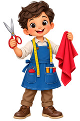 Fototapeta premium Cute Cartoon Tailor Holding Scissors and Red Fabric with Measuring Tape Isolated on Transparent Background