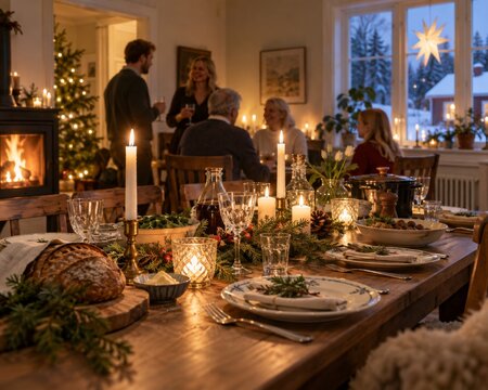 Celebraci&oacute;n de Navidad en una casa con amigos y familiares alrededor de la mesa
