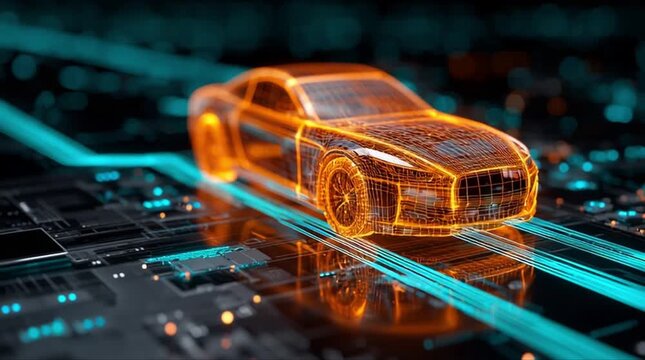 Wide front side angle perspective view of 3D wireframe sports car model with glowing orange mesh on cyan circuit board platform (AI Generated)