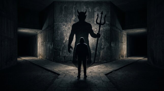 Hooded figure standing at a dark corridor fork, casting a sinister devil shadow with a pitchfork onto a stone wall