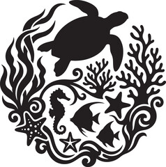 Fototapeta premium Circular graphic element featuring a sea turtle surrounded by coral reefs and tropical marine life
