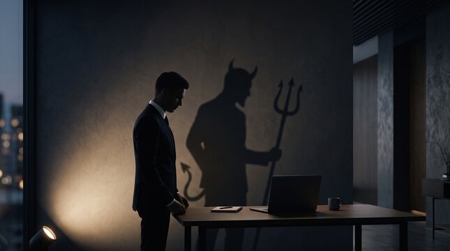 Businessman standing in dark office room with devil silhouette shadow holding a pitchfork cast on wall