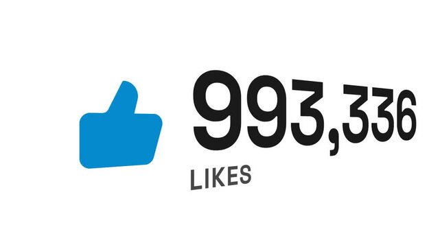 Social media like counter animation with blue thumbs up icon rapidly increasing to one million on white background