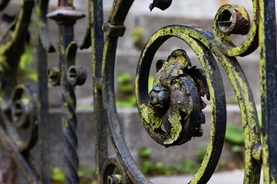 old rugged metal stair railing close up