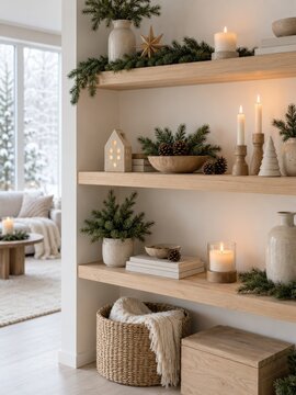Escena navide&ntilde;a con decoraci&oacute;n en un hogar contempor&aacute;neo durante el invierno