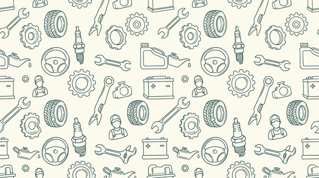 Automotive Mechanic and Car Repair Minimalist Line Art Seamless Pattern