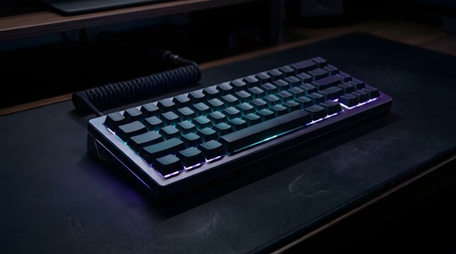 Mechanical gaming keyboard featuring custom black keycaps and vibrant underglow rgb lighting sitting on a dark textured desk mouse pad