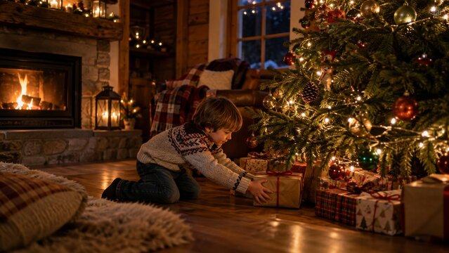 Momento de alegr&iacute;a en Navidad con un ni&ntilde;o junto al &aacute;rbol lleno de regalos y una c&aacute;lida chimenea en el fondo