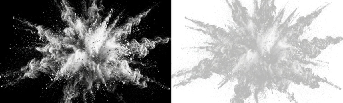 A dynamic white dust and powder explosion PNG file isolated on a transparent background, perfect for high-impact commercial designs, dynamic action sports banners, and creative party event posters.