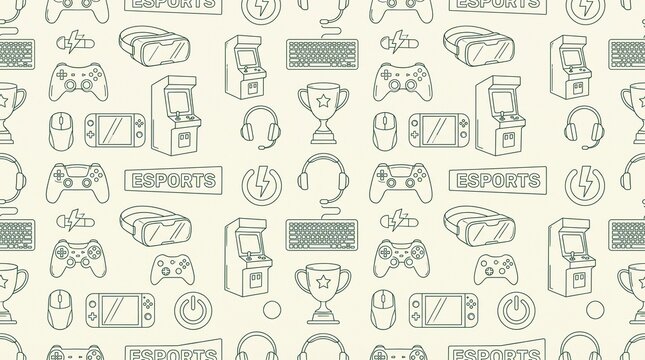 Video Gaming and Esports Entertainment Minimalist Line Art Seamless Pattern
