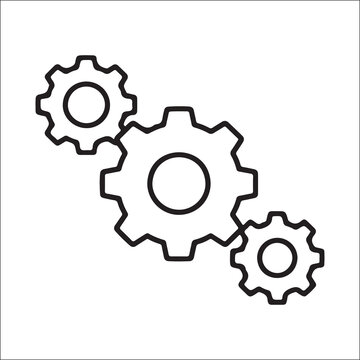 Minimalist black‑and‑white line art of three interlocking gears of different sizes, symbolizing machinery, interconnected systems, and collaborative functionality in a stylized design