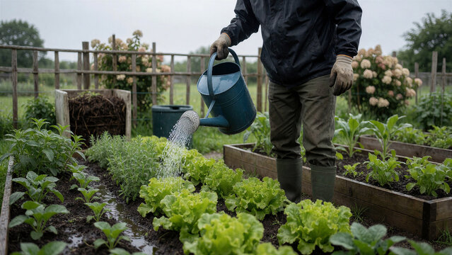 Ein Mann bew&auml;ssert sein Gem&uuml;sebeet mit zuvor gesammeltem Regenwasser. Feuchte Erde, Wassertropfen und die nachhaltige Gartengestaltung ergeben ein glaubw&uuml;rdiges Stockfoto.