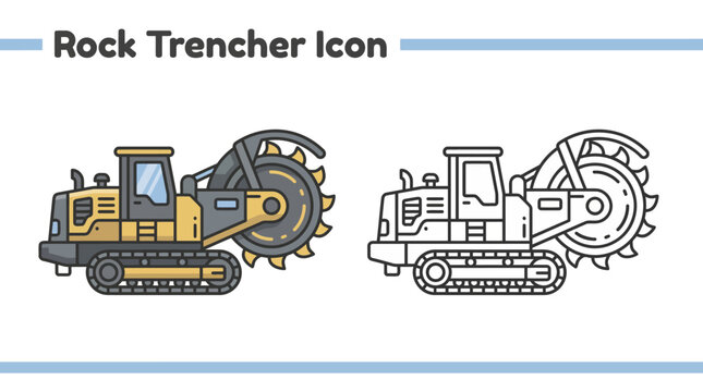 Heavy duty yellow rock trencher machine illustration in filled outline and black outline line art, representing construction, excavation, and industrial engineering machinery