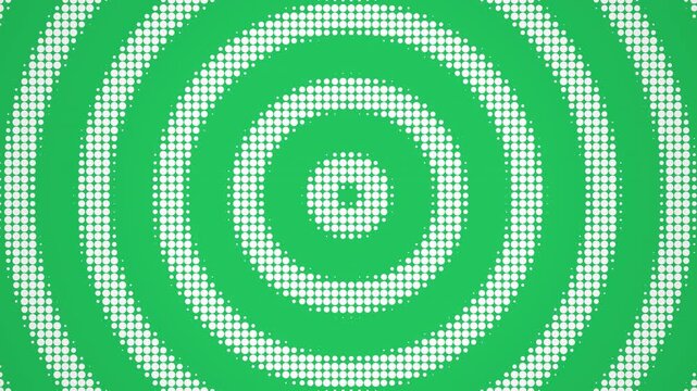 Pulsing green and white halftone concentric circles, vibrant radial pattern with retro aesthetic, perfect for video backgrounds, motion graphics and advertising.
