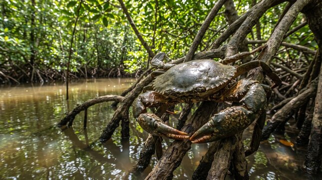 Mud crab on mangrove roots