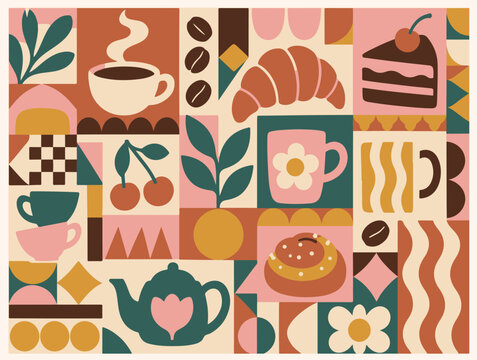 Abstract colorful geometric pattern illustration with morning breakfast coffee and pastry motifs.