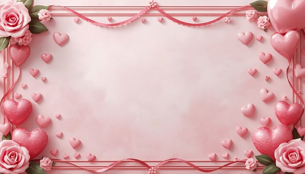 Pastel Pink Valentine Floral Frame with Floating Hearts and Decorative Border