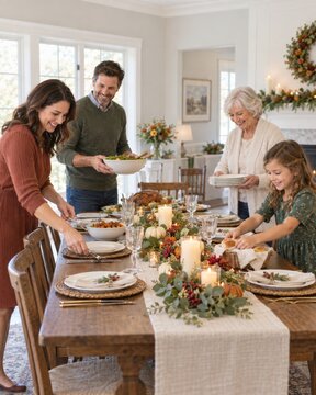 Reuni&oacute;n familiar durante la celebraci&oacute;n de Navidad con comida en la mesa en un ambiente acogedor