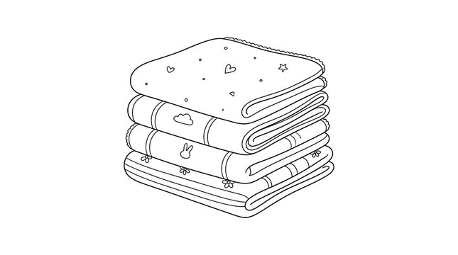 Stack of folded warm blankets line art illustration with blankets covering material household interior monochrome furniture comforting