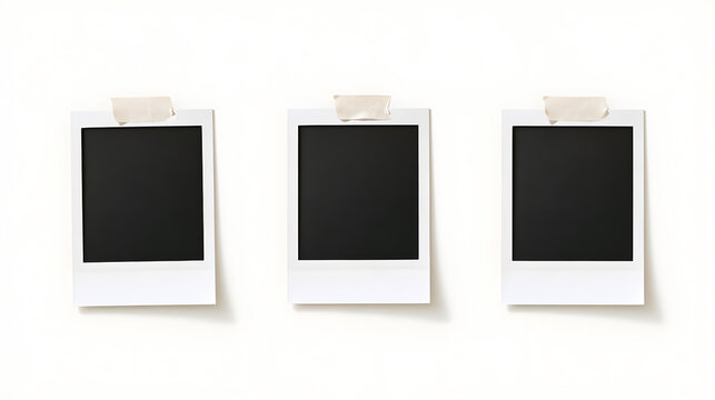 instant photo frame, polaroid picture wall empty frames, realistic portrait blank film album mockup with adhesive tape shadow effect on white background background Stock Illustration