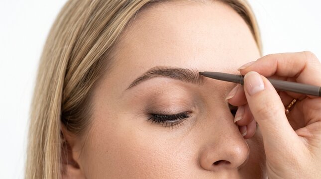 Woman getting eyebrow shaping with pencil at beauty salon. Close-up of makeup artist filling blonde woman eyebrows with closed eyes.
