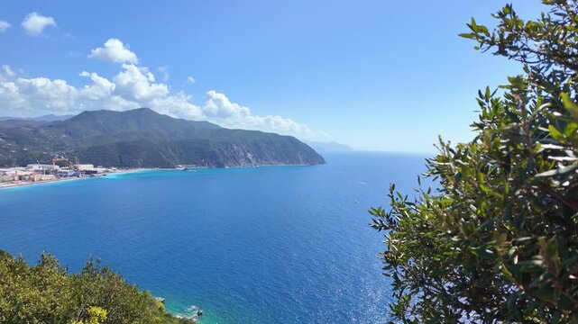Blue bay with coastal cliffs and town framed by bushes