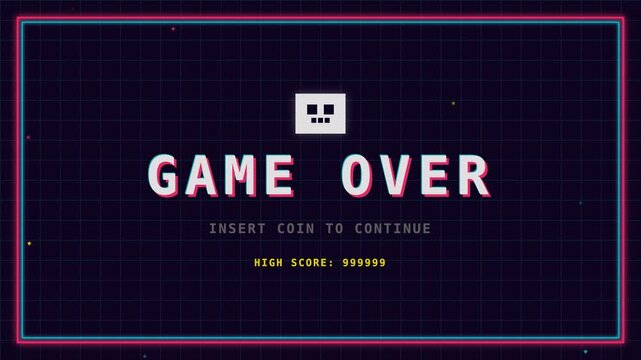 Retro pixel art 'GAME OVER' screen with glitching white text, pulsating neon frame, dark grid background, perfect for gaming content, streaming overlays and arcade themes.