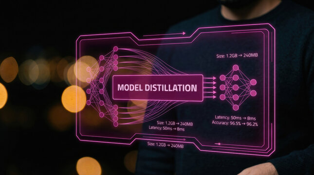 Futuristic Holographic Display Illustrating Model Distillation in Artificial Intelligence for Optimized Machine Learning and Data Processing Efficiency with Enhanced Performance Metrics