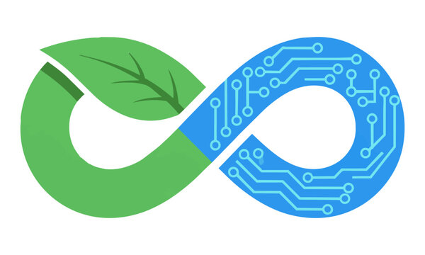 Stylized infinity symbol combining a green leaf and a blue circuit board on a white background representing a nature and technology concept