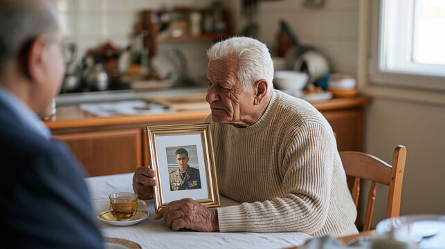 An elderly Armenian widower seated at a kitchen table, staring at a framed portrait of his son in uniform, untouched cup of tea cooling beside him, grief after combat loss,