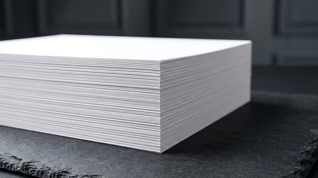 A neat stack of white papers forming an a4 hoja block on a dark textured surface for office work