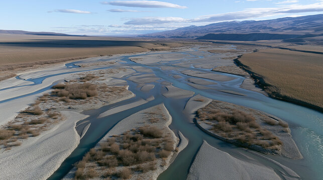 Aerial view of braided river flowing through arid plains with mountains