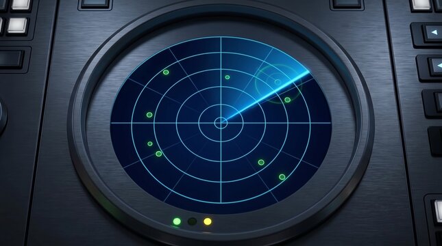 Circular radar screen scanning target points on metallic control console
