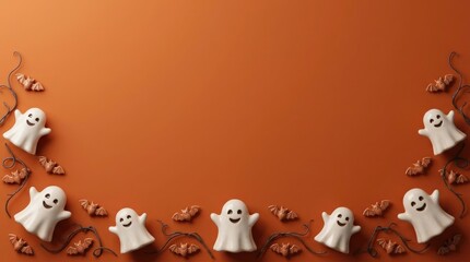 Fototapeta premium Festive halloween border with adorable ghost figures and chocolate candies