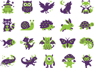 Obraz premium Cute halloween magic animals and mythical creatures vector icon set