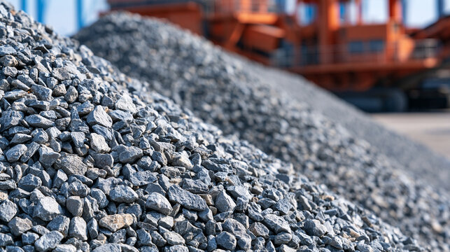 Close-up of crushed stone aggregate piled at a construction yard. Perfect for building materials distribution and roadwork design ads.