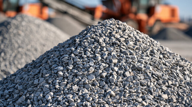 Large pile of grey crushed gravel at an industrial quarry site. Ideal for construction industry promotion and material supply concepts.