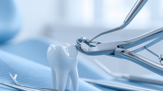 Dental extraction forceps holding a white tooth model in a clinic. Perfect for oral surgery and dentistry promotions.